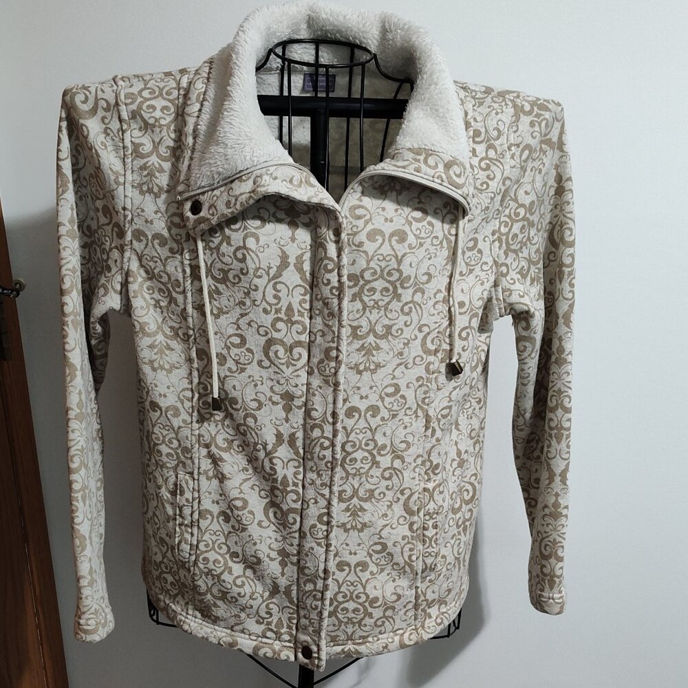 Laura Scott beige & tan patterned fleece jacket, VG used condition, size M